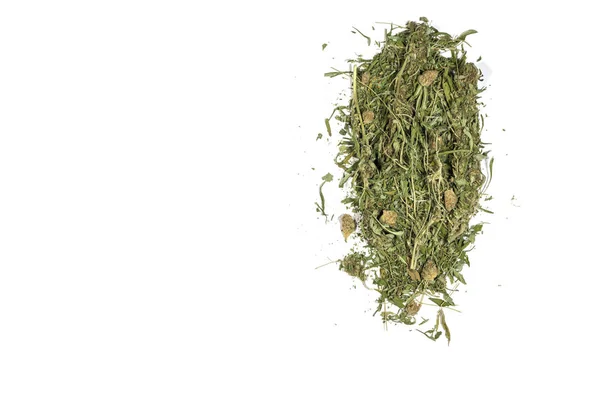Getrocknetes Marihuana Cannabiskraut Topf Gras Stiele Blumen Knospen Blätter Isoliert — Stockfoto