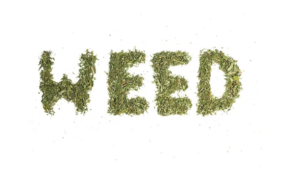 Dried Marijuana Cannabis Pot Leaves Grass Spells Out Word Weed — Stock Photo, Image