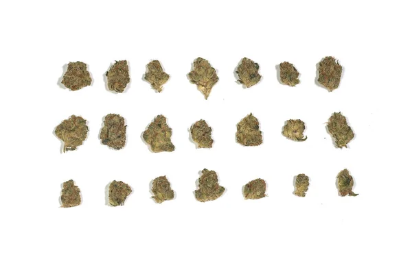 Marijuana Séchée Cannabis Herbe Pot Fleurs Bourgeons Feuilles Isolées Sur Photo De Stock