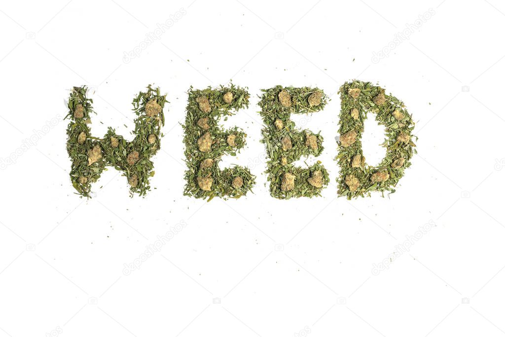 Dried marijuana cannabis pot leaves grass with flowers and buds spells out the word WEED isolated on white background