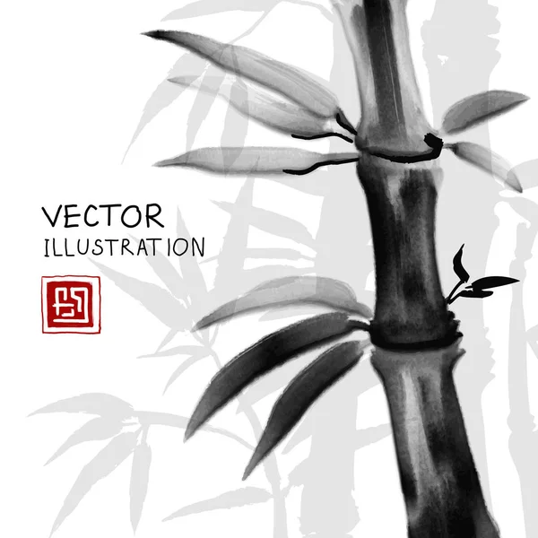 竹と伝統的な墨絵の背景. — ストックベクタ