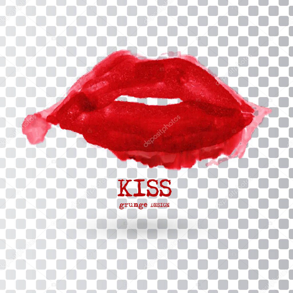 Painted Red Lips on transparent . Abstract design. Grunge love element. Usable banner, cards, posters, label, logo, badge. Wallpaper with empty space for your text. Vector illustration