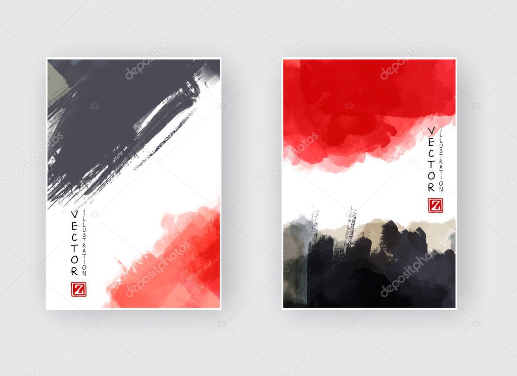 Black red ink brush stroke on white background. Japanese style. Vector illustration of grunge wave stains.Vector brushes illustration.