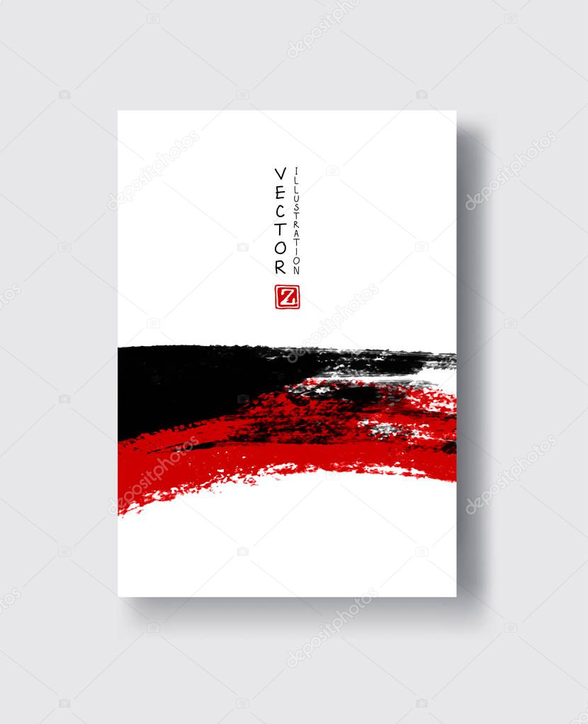 Black red ink brush stroke on white background. Japanese style. Vector illustration of grunge wave stains.Vector brushes illustration.