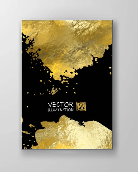 パンフレット チラシ モバイル技術 アプリケーション オンライン サービス タイポグラフィのエンブレム バナーのベクトル黒と金のデザイン テンプレート 金色の抽象的な現代の背景 — ストックベクタ