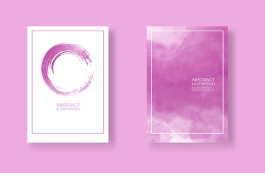 Suluboya elemanları ayarlanmış kartlar. Pembe arka plan üzerinde elle çizilmiş afiş elemanı.