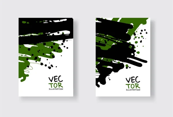 Black and green abstract design set. Ink paint on brochure, Monochrome element isolated on white. — ストックベクタ
