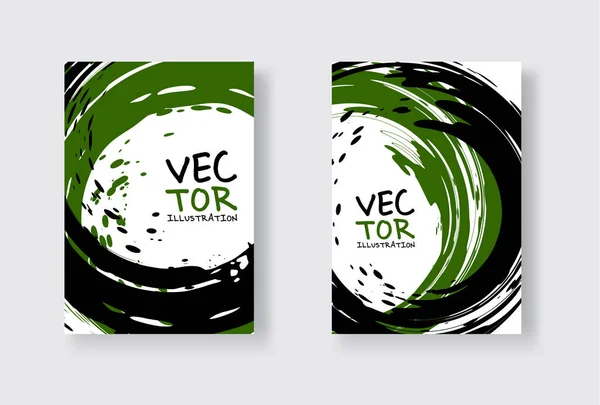 Black and green abstract design set. Ink paint on brochure, Monochrome element isolated on white. — ストックベクタ