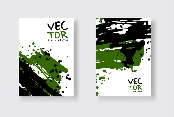 Black and green abstract design set. Ink paint on brochure, Monochrome element isolated on white. — ストックベクタ