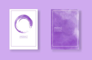 Suluboya elementli kartlar hazır. Mor arkaplanda elle çizilmiş pankart ögesi.