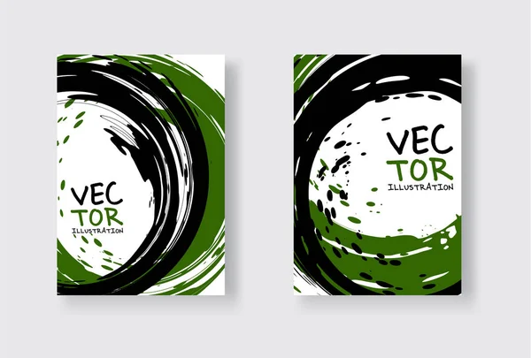 Black and green abstract design set. Ink paint on brochure, Monochrome element isolated on white. — ストックベクタ