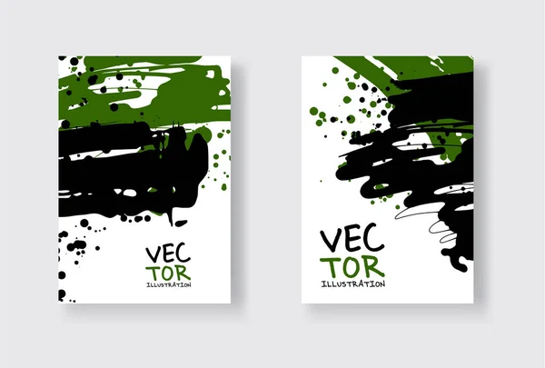 Schwarz-grünes abstraktes Designset. Tuschfarbe auf Broschüre, monochromes Element isoliert auf Weiß. — Stockvektor