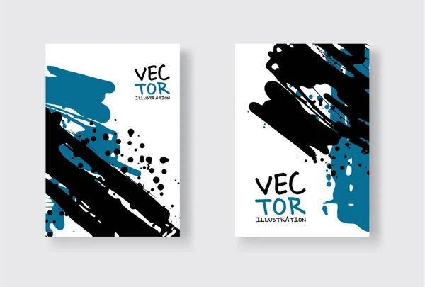 Conjunto de diseño abstracto negro y azul. Pintura de tinta en folleto, elemento monocromo aislado en blanco . — Archivo Imágenes Vectoriales