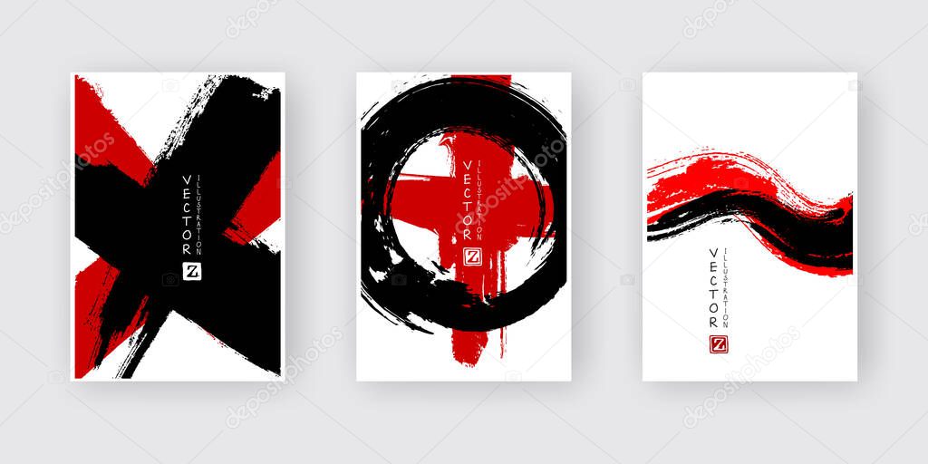 Banners with abstract black red ink wash painting in East Asian style.