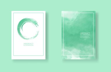 Suluboya elementli kartlar hazır. Tasarımınız için yeşil arkaplana elle çizilmiş pankartlar. Randevun için tasarım, kartpostal, pankart, logo. Vektör illüstrasyonu.