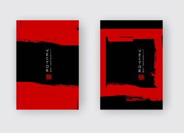 Siyah arka planda kırmızı mürekkep fırçası darbesi. Japon tarzı. Grunge soyut lekelerinin vektör illüstrasyonu.