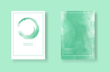 Suluboya elementli kartlar hazır. Tasarımınız için yeşil arkaplana elle çizilmiş pankartlar. Randevun için tasarım, kartpostal, pankart, logo. Vektör illüstrasyonu.