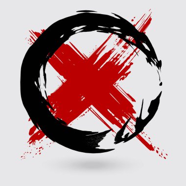 Siyah ve kırmızı mürekkep, beyaz arka planda çapraz vuruş yapıyor. Japon tarzı. Grunge Circle lekelerinin vektör illüstrasyonu