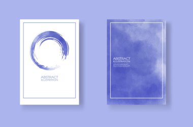 Suluboya elementli kartlar hazır. Tasarımınız için mavi arkaplana elle çizilmiş afişler. Randevun için tasarım, kartpostal, pankart, logo. Vektör illüstrasyonu.