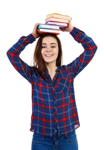 Mulher segurando livro isolado no fundo branco — Fotografia de Stock