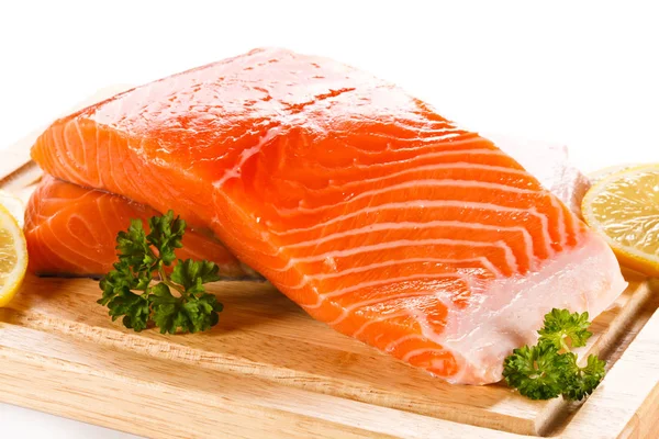 Fresh Raw Salmon Steaks Cutting Board Royalty Free Stock Images