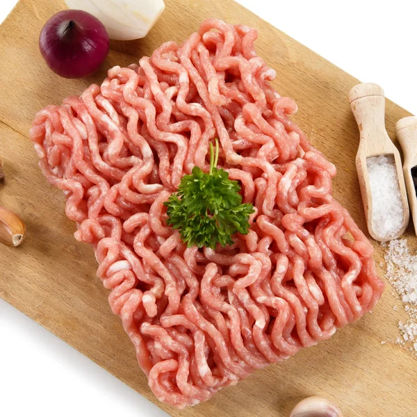 Raw Minced Pork Cutting Board Vegetables — Stock Photo, Image