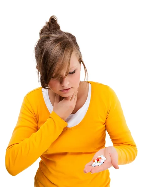 Sore Throat Woman Holding Pills Isolated White Background — Stock Photo, Image