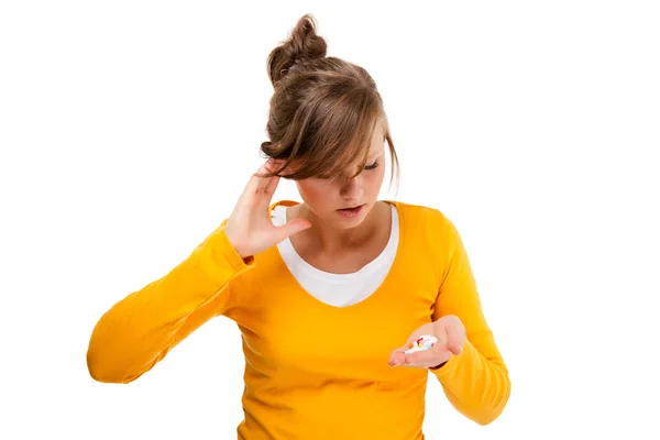 Headache Woman Holding Pills Isolated White Background — Stock Photo, Image