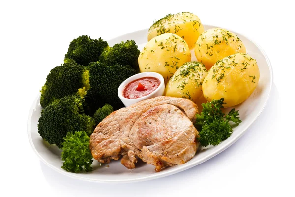 Steak Boiled Potatoes Vegetables — Stock Photo, Image