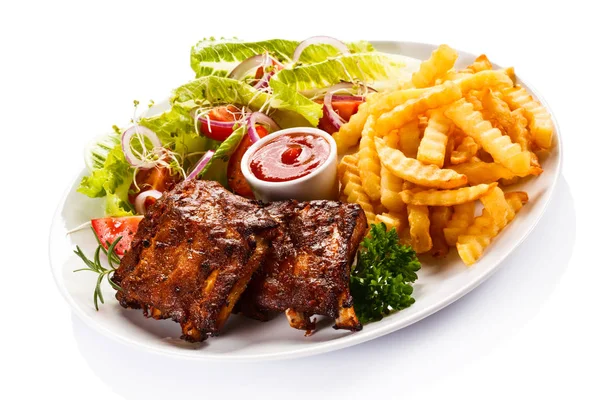 Grilled Ribs French Fries Vegetables White Background — Stock Photo, Image