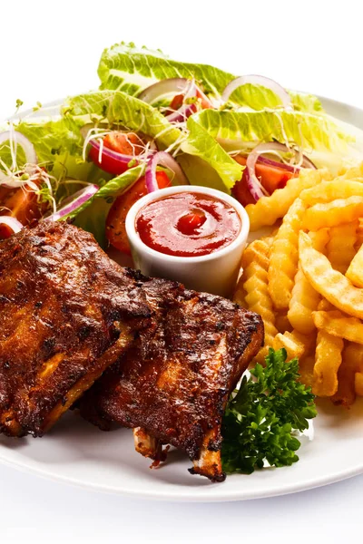 Grilled Ribs French Fries Vegetables White Background — Stock Photo, Image