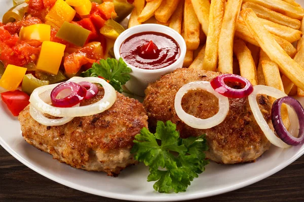 Fried Chops French Fries Vegetable Salad — Stock Photo, Image