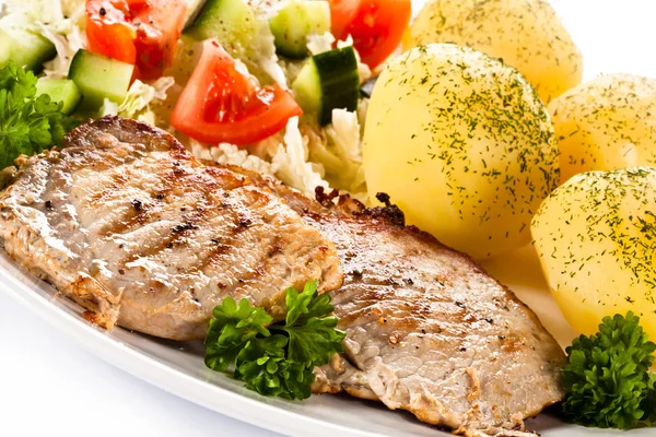 Grilled Steaks Boiled Potatoes Vegetable Salad — Stock Photo, Image