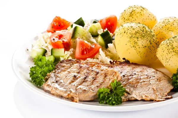 Grilled Steaks Boiled Potatoes Vegetable Salad — Stock Photo, Image