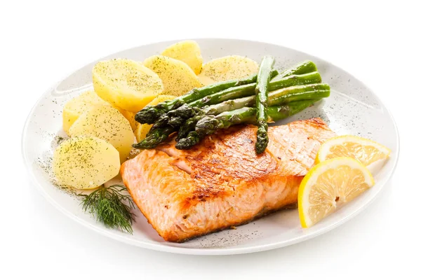 Grilled Salmon Boiled Potatoes Asparagus — Stock Photo, Image