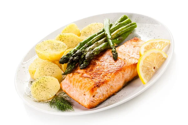 Grilled Salmon Boiled Potatoes Asparagus — Stock Photo, Image