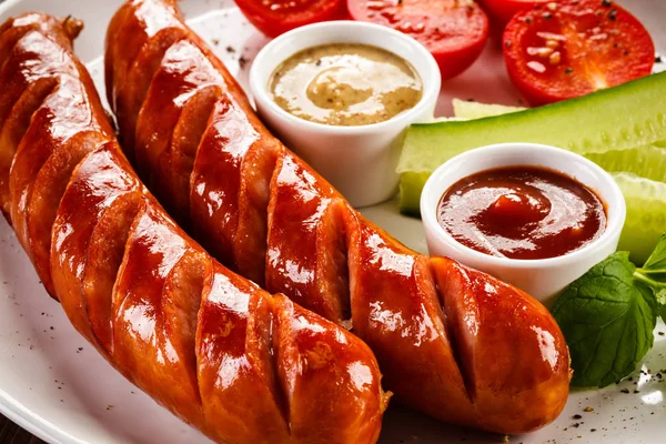 Grilled Sausages Wooden Table — Stock Photo, Image