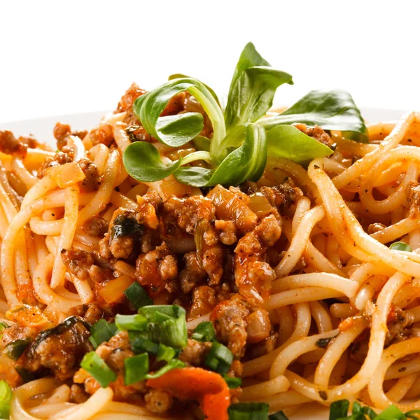 Pasta Met Vlees Tomatensaus Groenten — Stockfoto