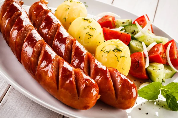 Fried Sausages Vegetables Wooden Table — Stock Photo, Image