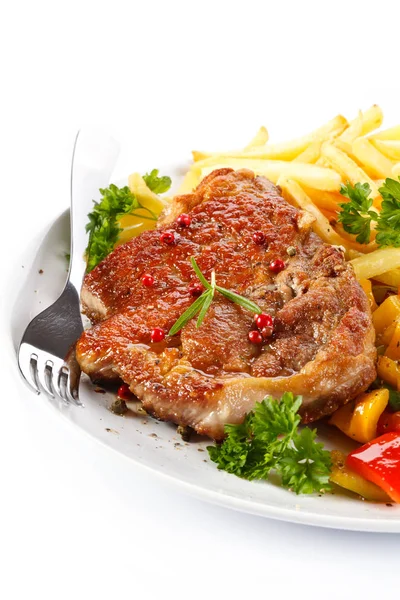 Grillezett Steak Sült Krumpli Zöldség — Stock Fotó