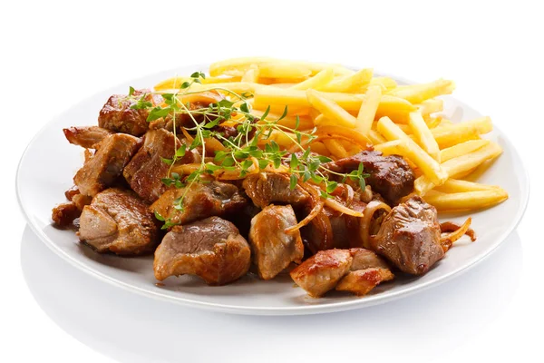 Kebab Gegrilltes Fleisch Mit Pommes Und Gemüse — Stockfoto