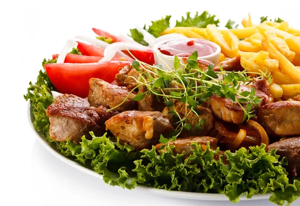 Kebab Gegrilltes Fleisch Mit Pommes Und Gemüse — Stockfoto