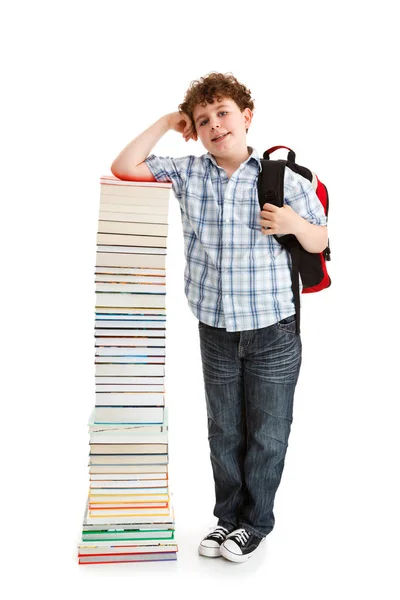 Estudante Perto Pilha Livros Sobre Fundo Branco — Fotografia de Stock