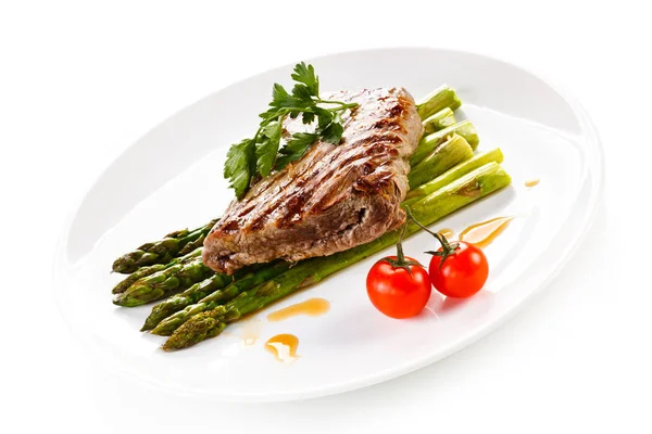 Grilled Steak Asparagus White Background — Stock Photo, Image