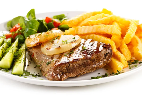 Grilled Steak French Fries Vegetables — Stock Photo, Image