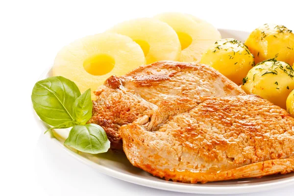 Fried Chicken Fillets Boiled Potatoes Pineapples — Stock Photo, Image