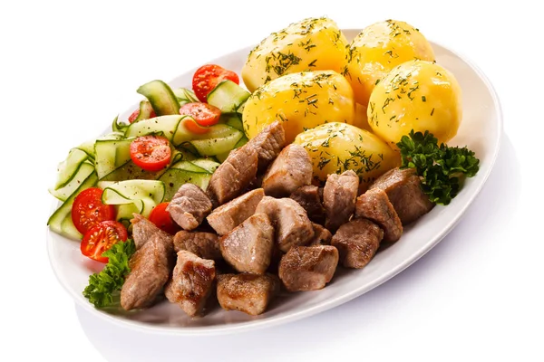 Carne Grelhada Com Batatas Legumes Cozidos — Fotografia de Stock