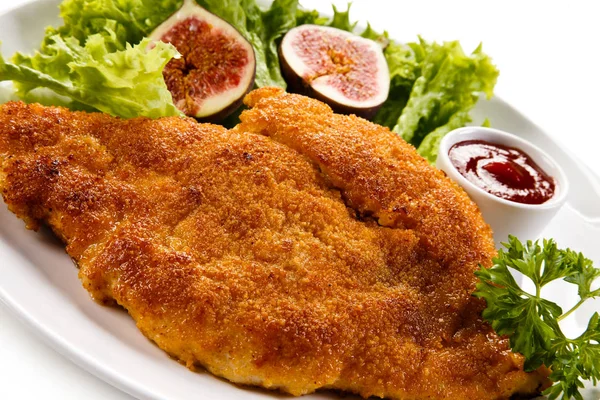 Gebakken Pork Chop Vacht Paneermeel Groente Salade — Stockfoto