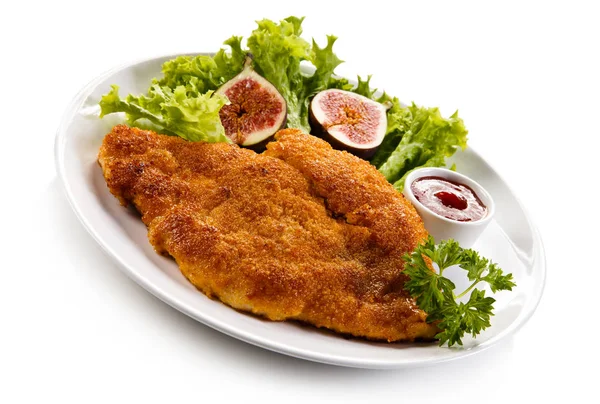 Gebakken Pork Chop Vacht Paneermeel Groente Salade — Stockfoto