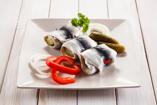 Rollmops Fából Készült Asztal Pácolt Hering — Stock Fotó